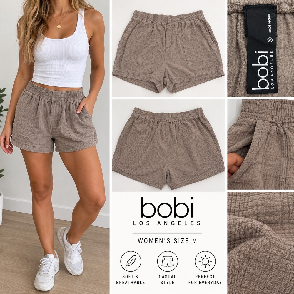 Bobi Los Angeles Taupe Brown Cotton Gauze Elastic Waist Shorts Womens Size M